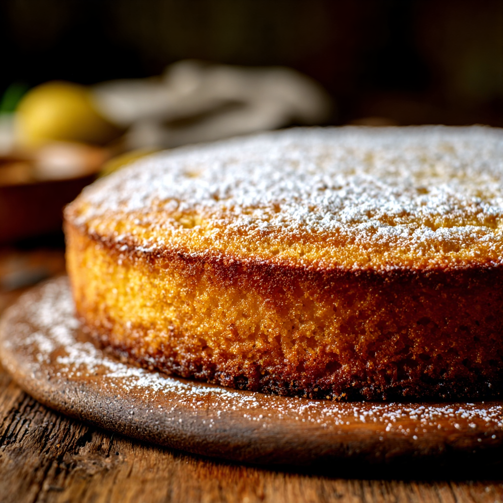 Italian lemon polenta cake served with fresh berries and powdered sugar