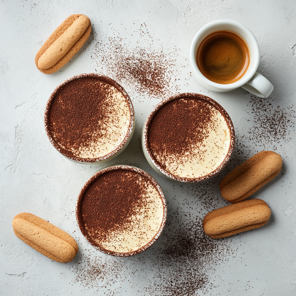 Top-down view of four tiramisu cups arranged neatly, cocoa dusting freshly applied, espresso cup and scattered Savoiardi ladyfingers around them.