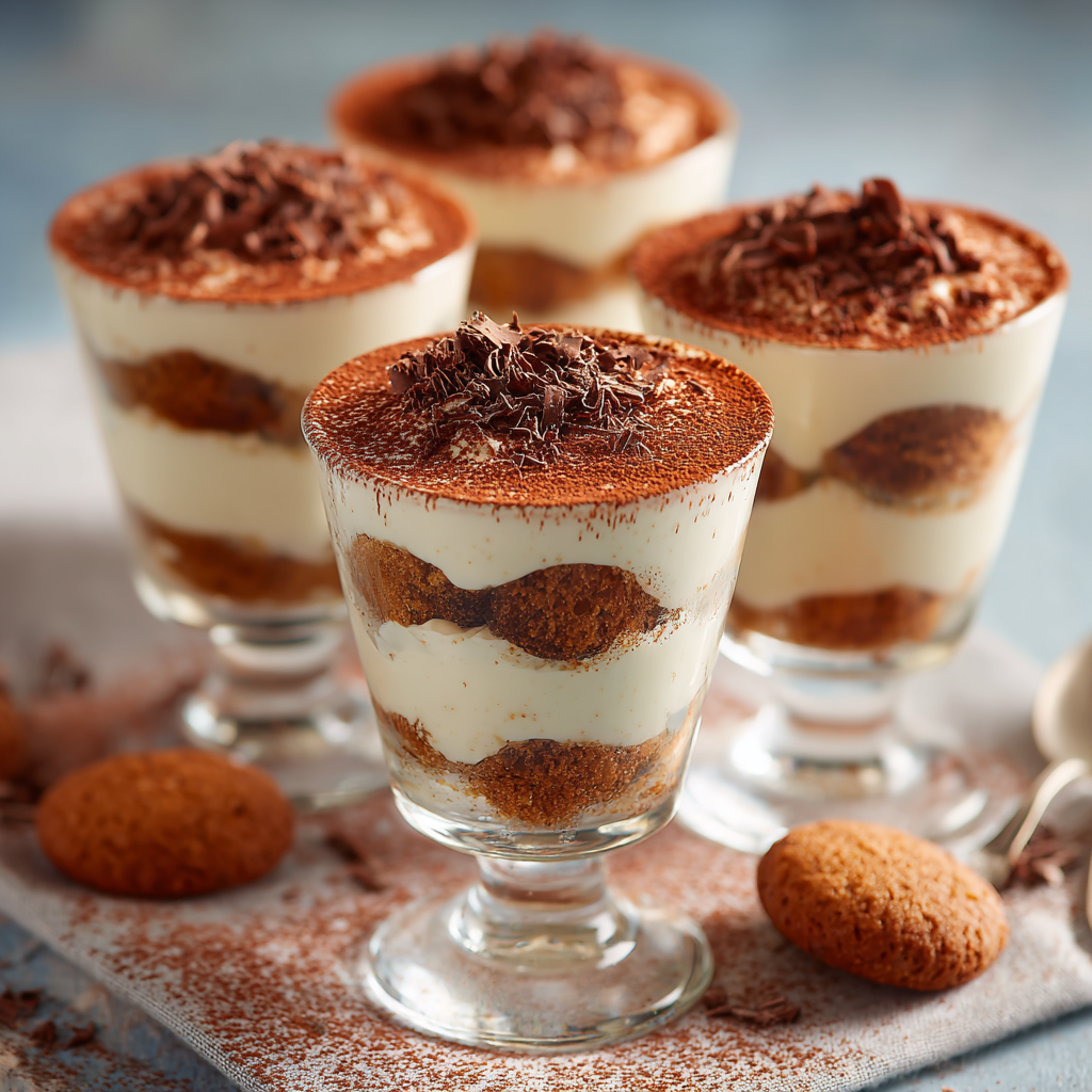four individual amaretti tiramisu cups. Each cup shows cocoa powder dusting, chocolate shavings, and slightly uneven, natural cream swirls.