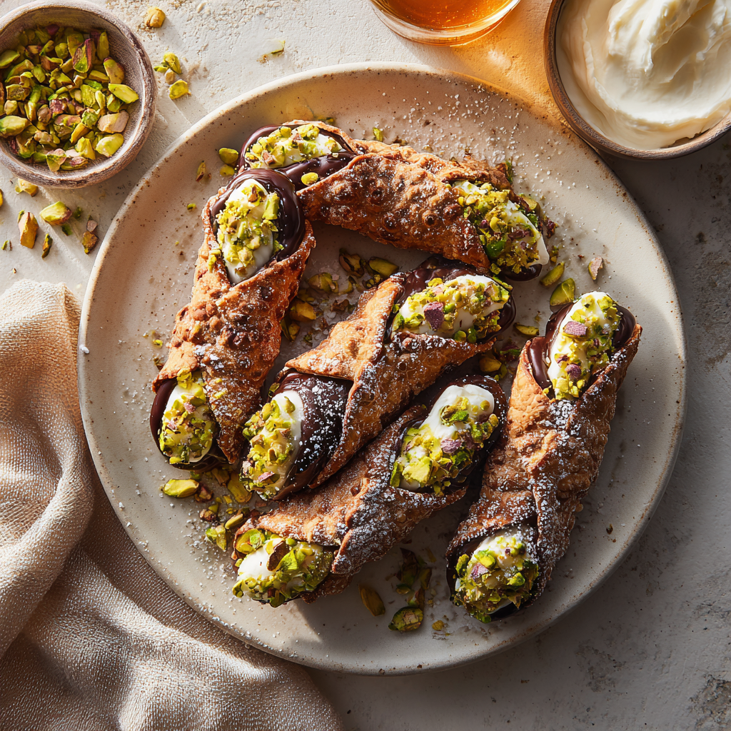 6–8 Sicilian pistachio cannoli with homemade shells, chocolate-dipped ends, crushed pistachios, and smooth pistachio-ricotta filling.