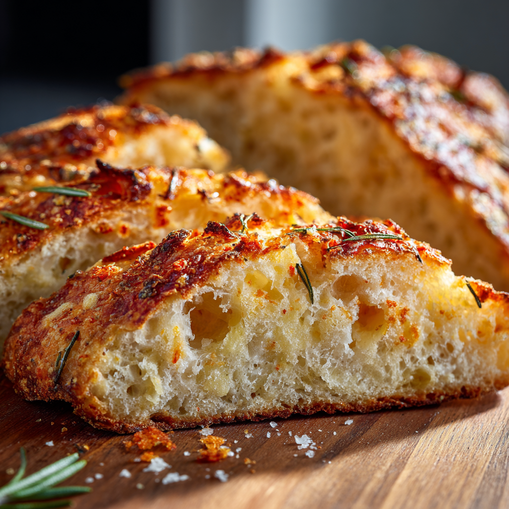 sliced parmesan rosemary artisan bread showing open airy crumb with melted parmesan pockets and flecks of rosemary, crust crisp and golden