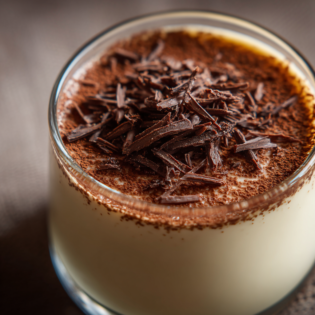 espresso panna cotta showing its silky, creamy texture. Served in a clear glass cup, with visible smooth surface and gentle wobble. T