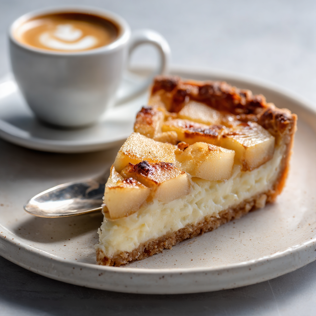 single slice of Italian pear ricotta tart on a white ceramic plate.