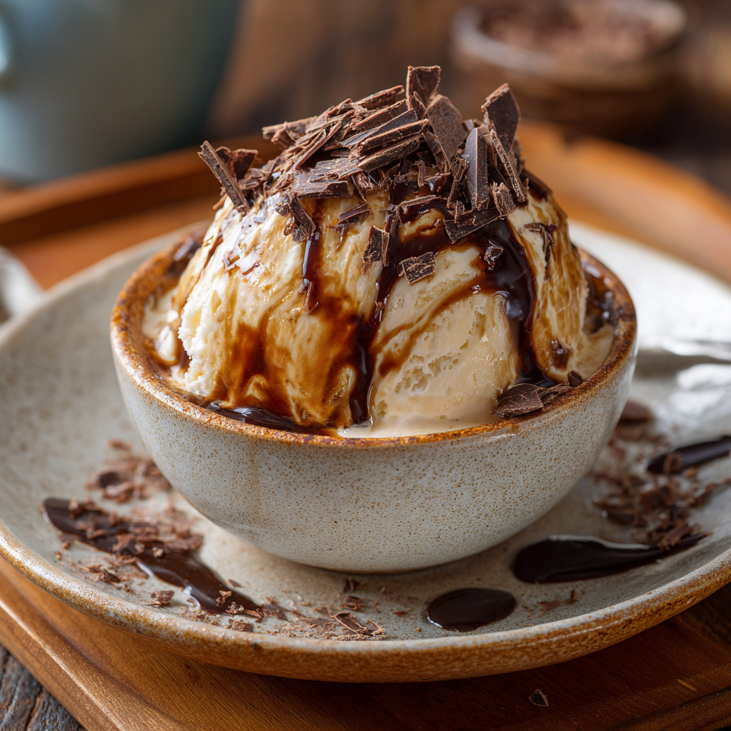 Italian affogato: one scoop of vanilla Fiordilatte gelato in a clear heat-resistant glass cup, with hot espresso being poured over it.