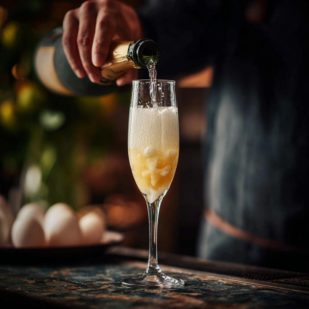 poon dropping rustic hand-mashed white peach puree into a crystal flute before adding Prosecco, visible peach fibers, natural pale blush color