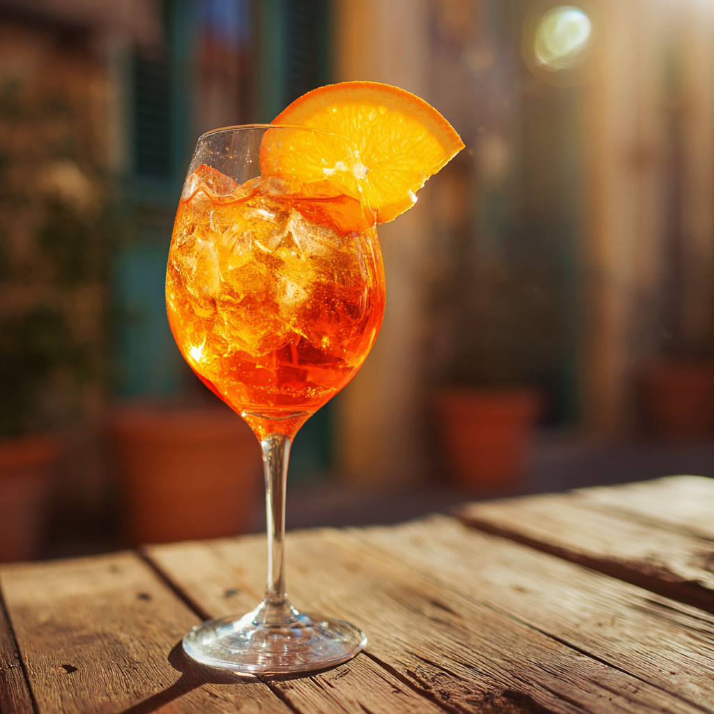 Authentic Aperol Spritz in a stemmed balloon glass, filled with ice, bright orange color, orange slice garnish.