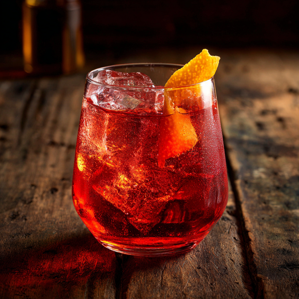 A Negroni Sbagliato in a stemmed wine glass with large clear ice cubes, bright effervescence visible from the Prosecco.