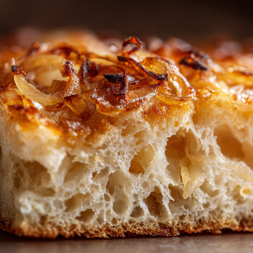 slice of onion focaccia ligurian, showing airy crumb, crisp golden crust, shiny olive oil sheen, and sweet sautéed onions nestled into dimples.