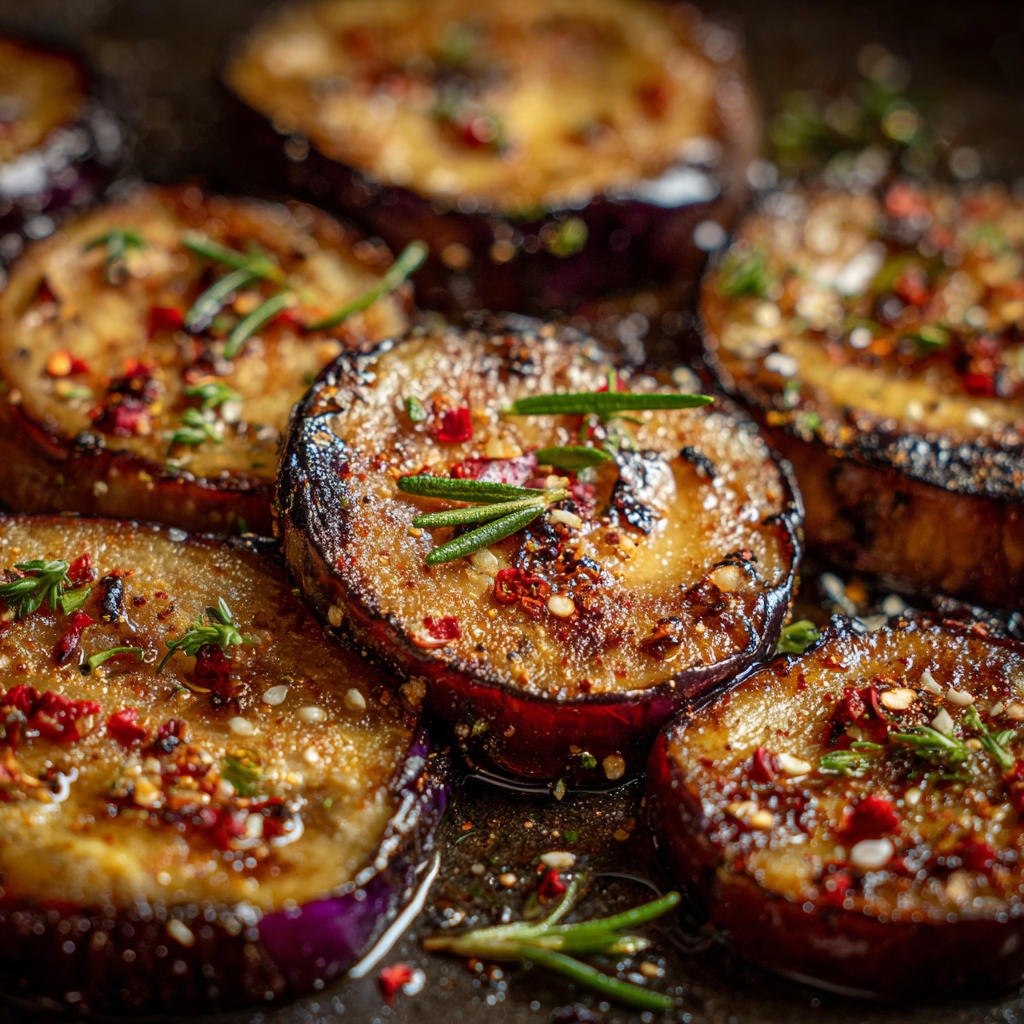 eggplant slices fresh off the grill, showing caramelized edges and soft interior.