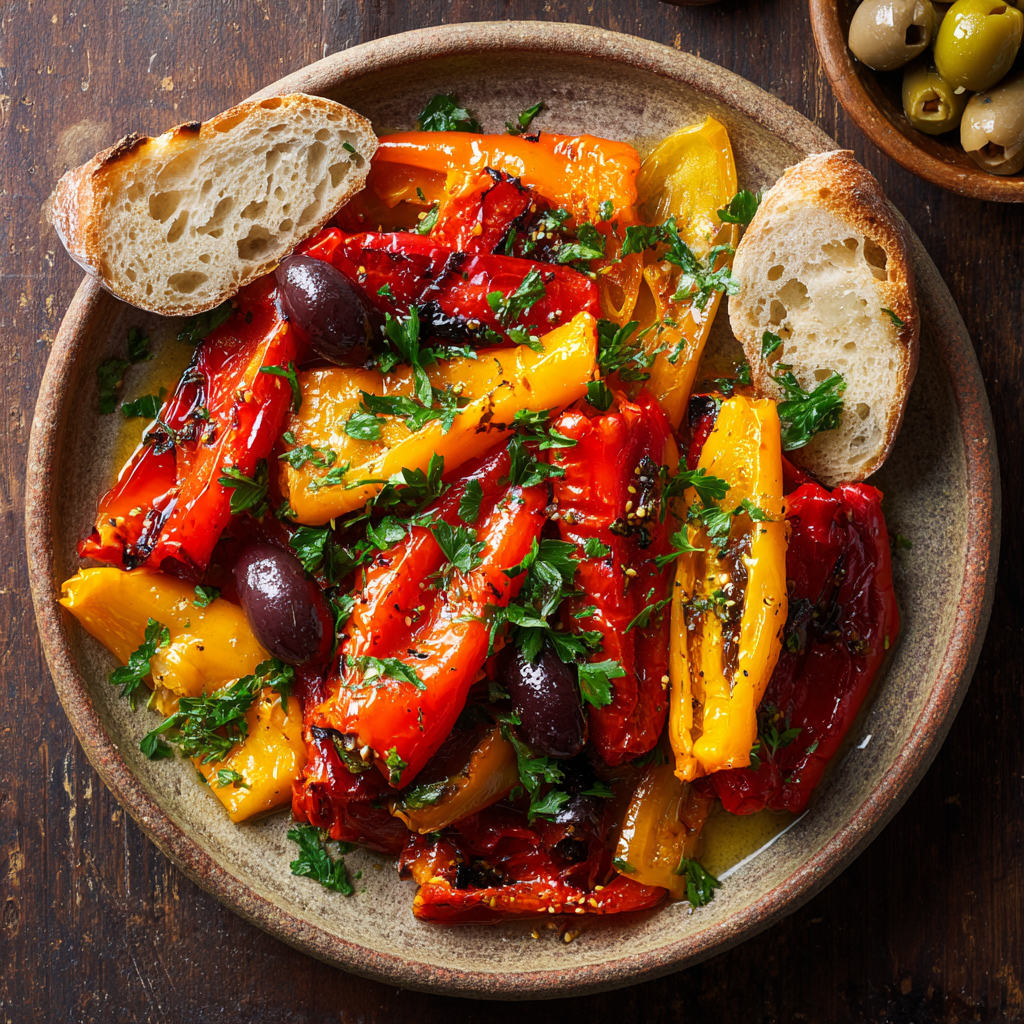 A rustic plate of Italian balsamic roasted peppers served at room temperature. Vibrant red, yellow, and orange peppers glistening with olive oil, garnished with chopped parsley.