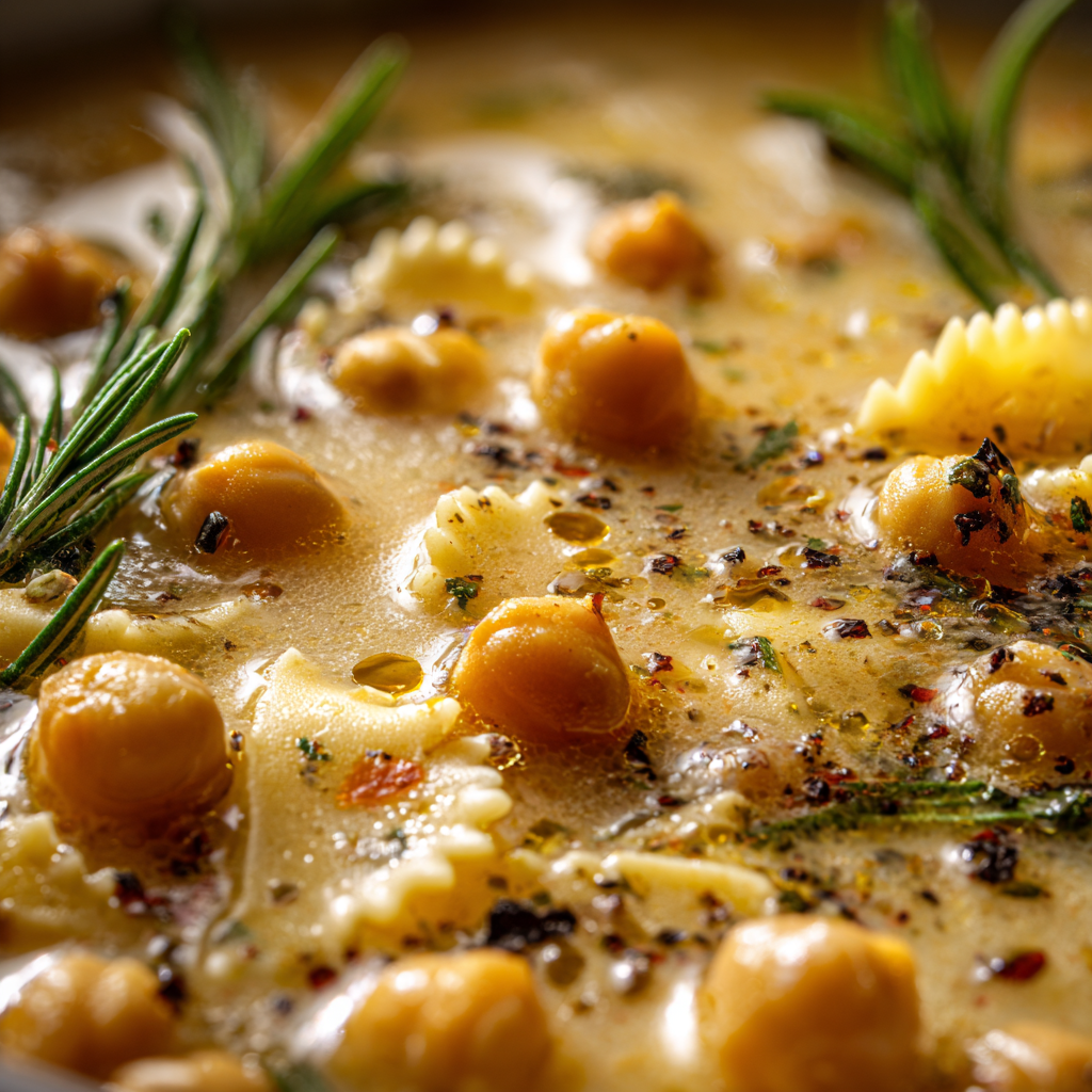 A tight macro shot of creamy Italian chickpea and rosemary soup showing the blended creamy base, whole chickpeas, rosemary oil glistening on the surface, and small pasta pieces.