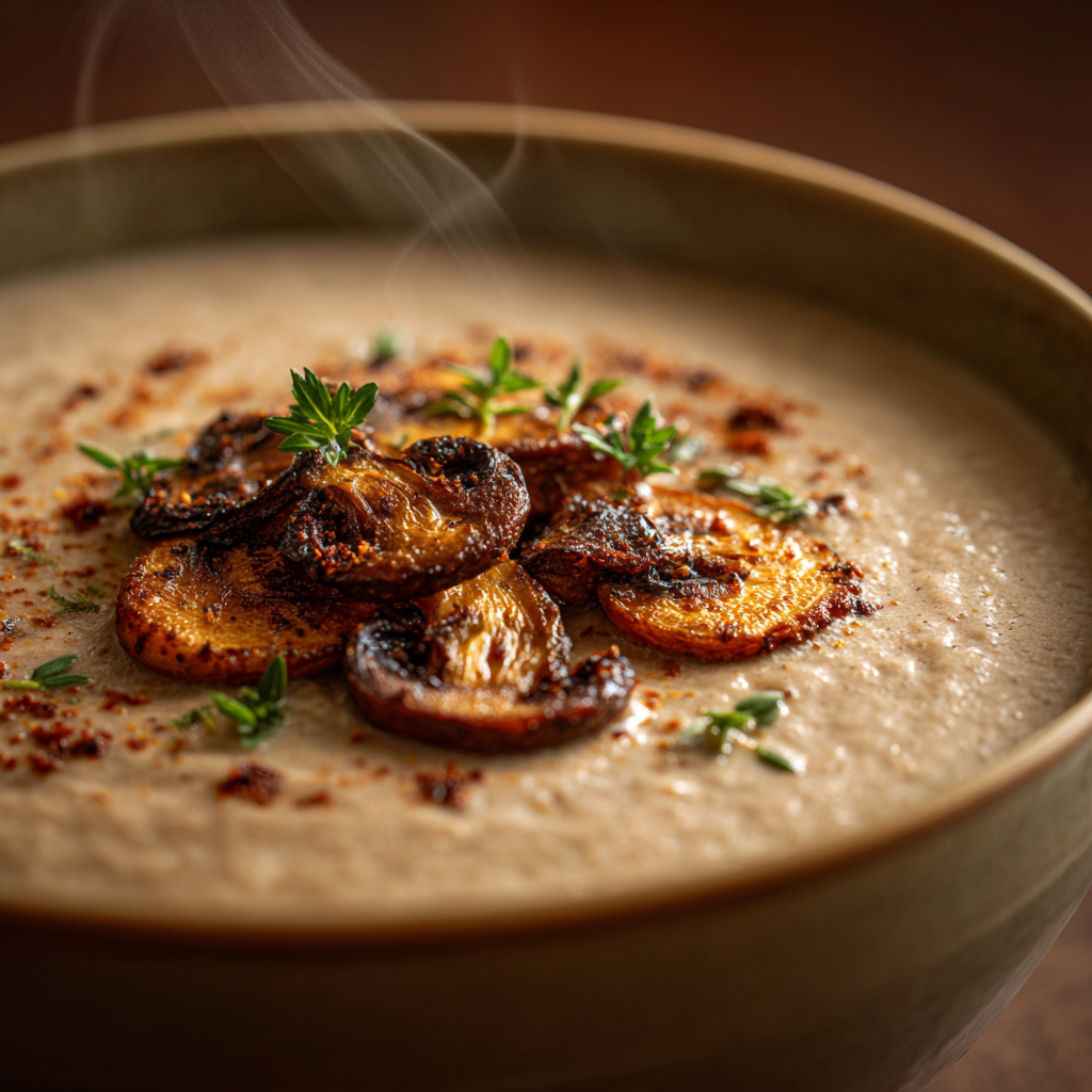 creamy Tuscan chestnut soup, showing velvety blended texture with sautéed mushrooms and chestnut garnish