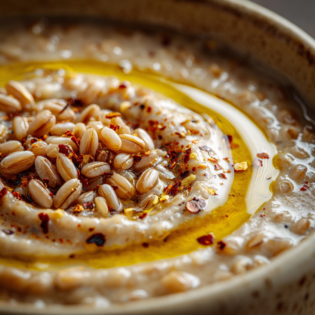 Zuppa di Farro Lucchese showing the creamy blended bean base and the plump farro grains sitting in the soup.