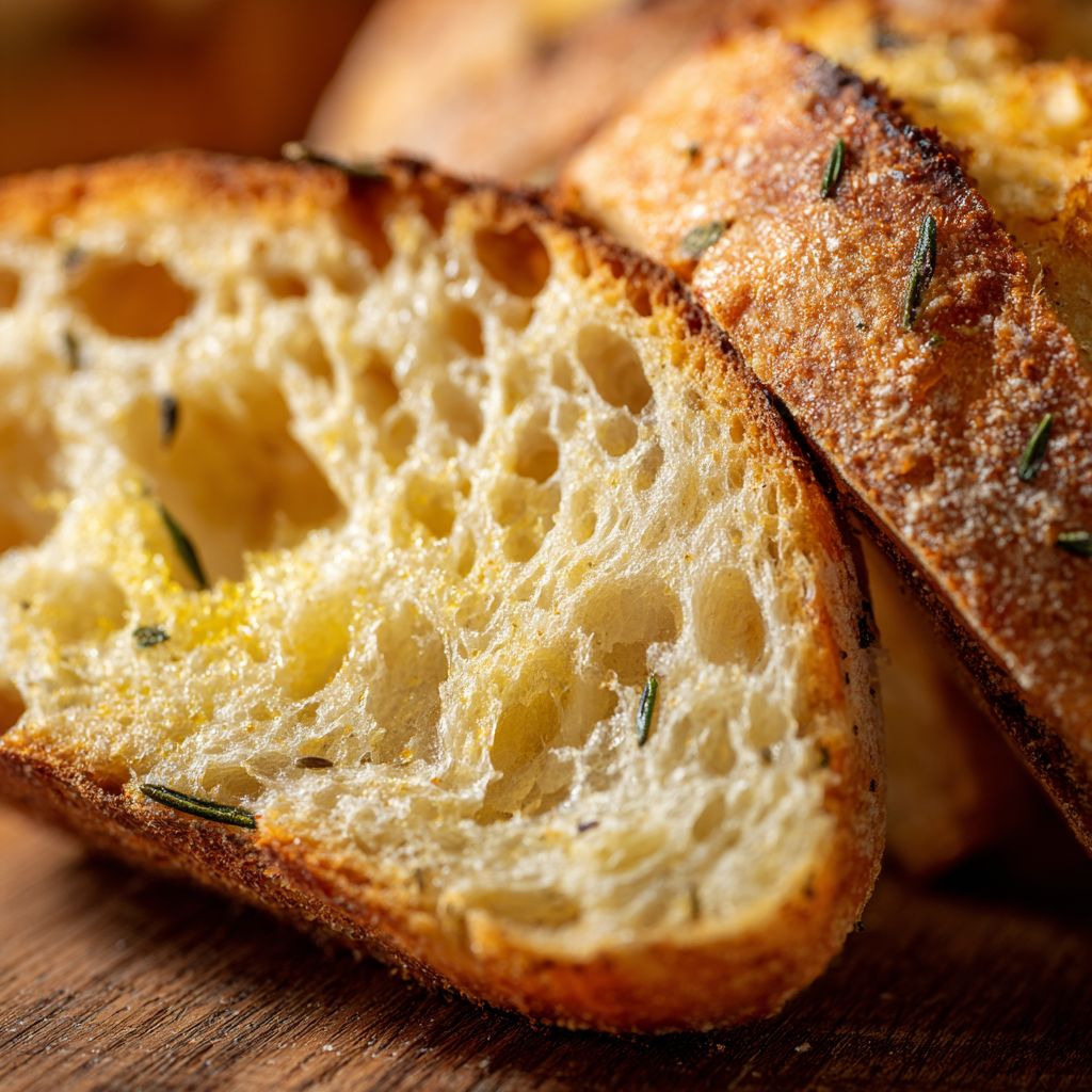 sliced Italian rosemary bread showing airy interior crumb from poolish fermentation, golden crust with olive oil sheen