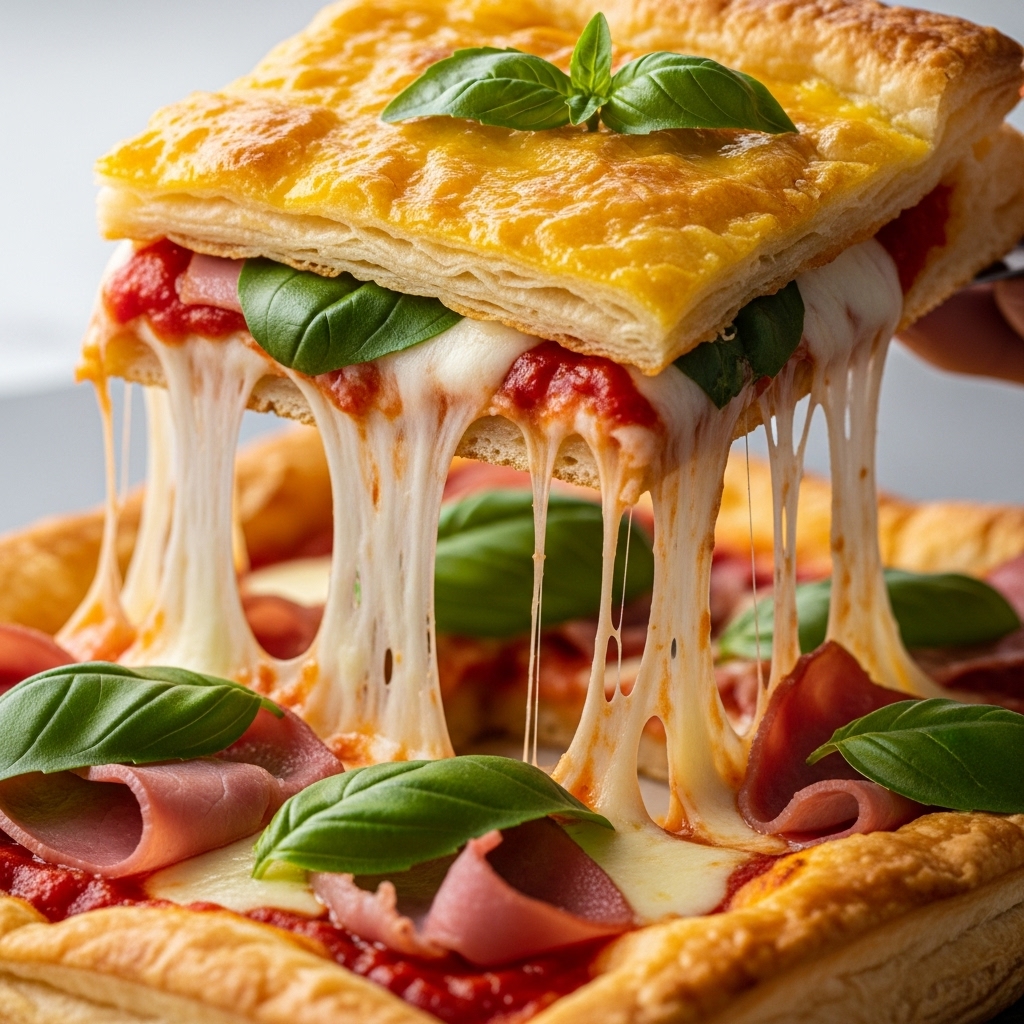 square slice of Parigina pizza being lifted, showing melted provola cheese stretching between layers.