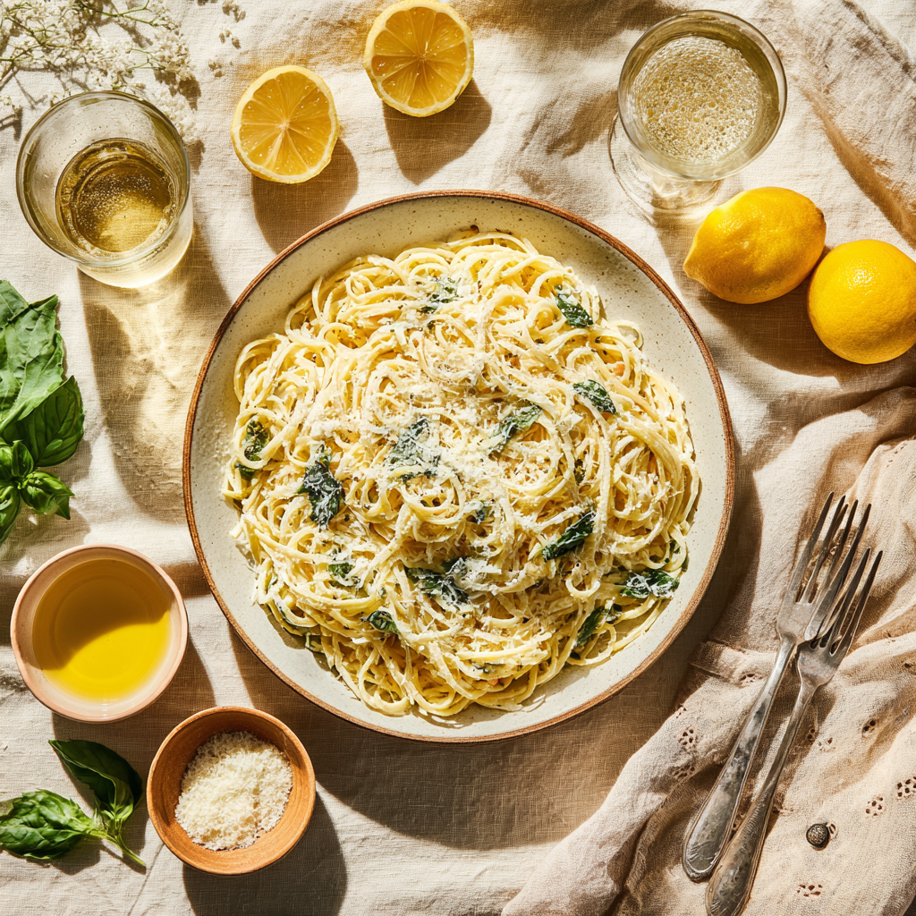 lemon ricotta pasta surrounded by small bowls of basil