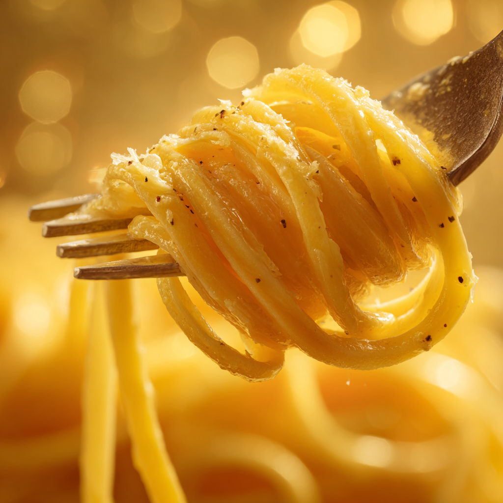 fork twirling silky fresh tagliolini coated in creamy lemon sauce made with butter, lemon zest, and Pecorino.