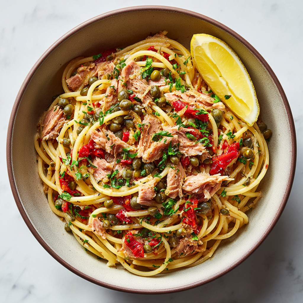 showing silky sauce clinging to spaghetti, tender tuna flakes, golden garlic slices, briny capers, and a light sheen of olive oil.