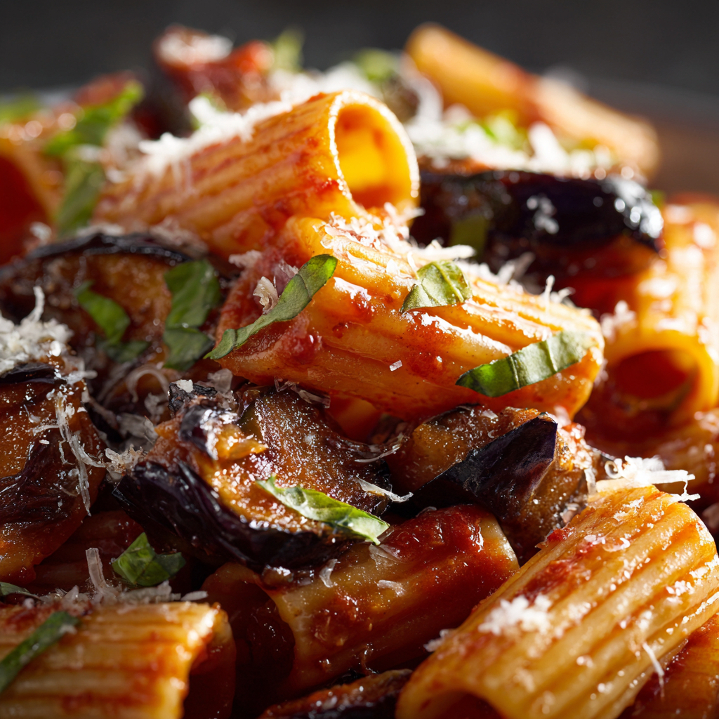 Pasta alla Norma showing caramelized roasted eggplant slices, glossy tomato sauce clinging to rigatoni, microplane-grated cheese melting into the pasta