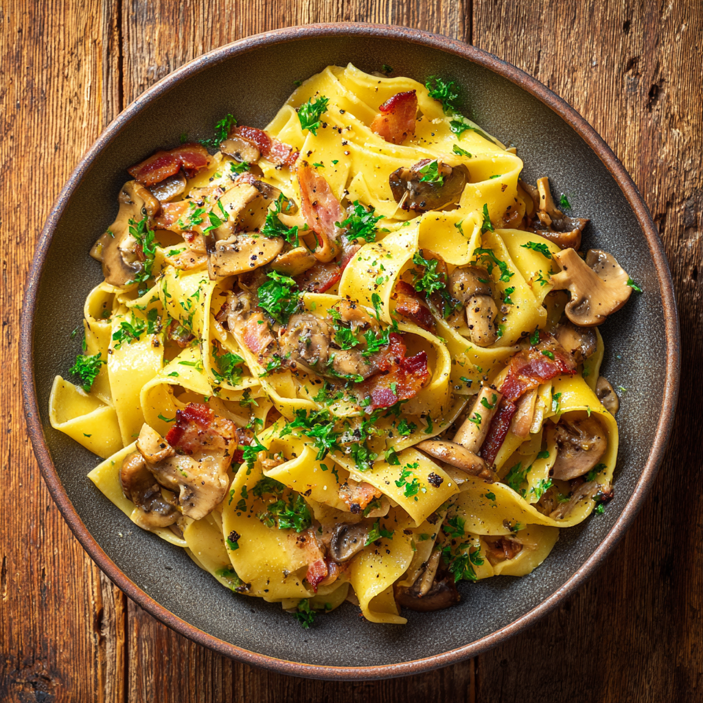 Pasta con Pancetta e Funghi made with fresh pappardelle, golden crispy pancetta, sautéed porcini and champignon mushrooms