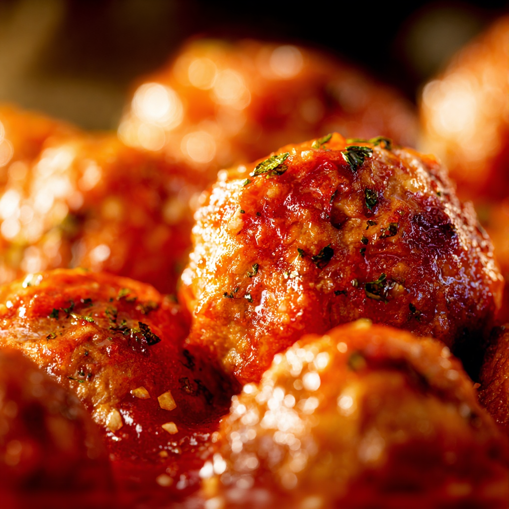 tender Italian meatballs cooked in tomato sauce, showing the soft texture from the breadcrumb and milk panade, browned edges, visible garlic, herbs, and olive oil shimmer