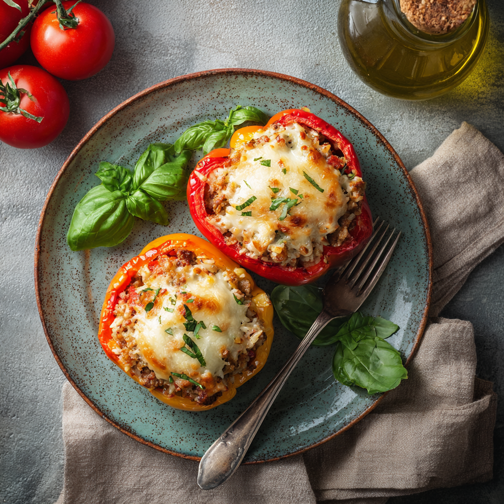 dinner plate with two Italian stuffed bell pepper halves, cheesy tops browned, filling visible with rice and ground meat