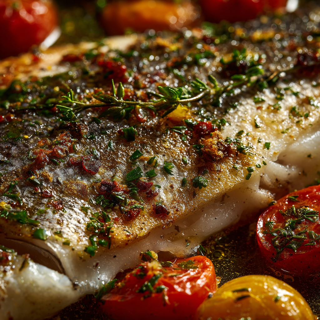 oven-roasted branzino skin, showing golden crisp texture, flaky white meat underneath, roasted herbs, and cherry tomatoes glistening in olive oil.