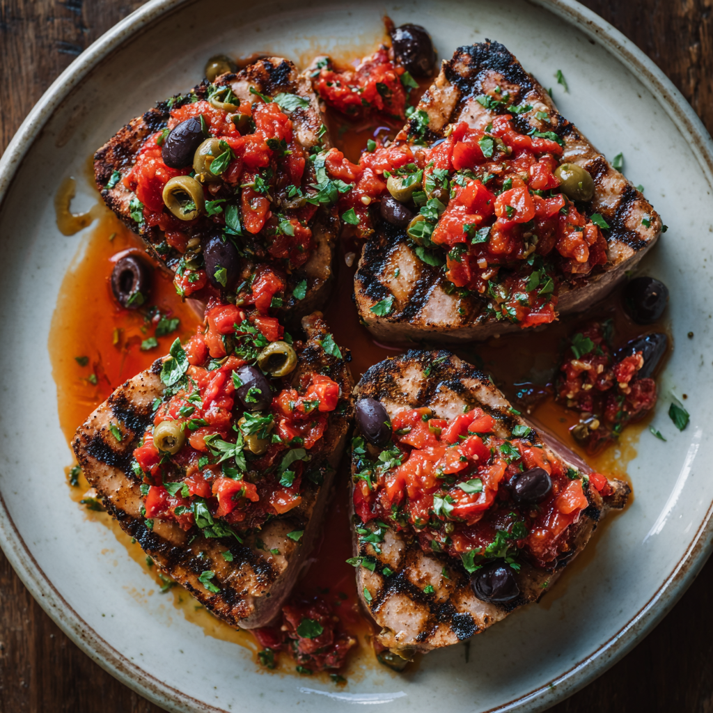 four seared tuna steaks on a plate, each topped with the bright Sicilian sauce of tomatoes, olives, capers, and herbs. Visible grill marks on the tuna
