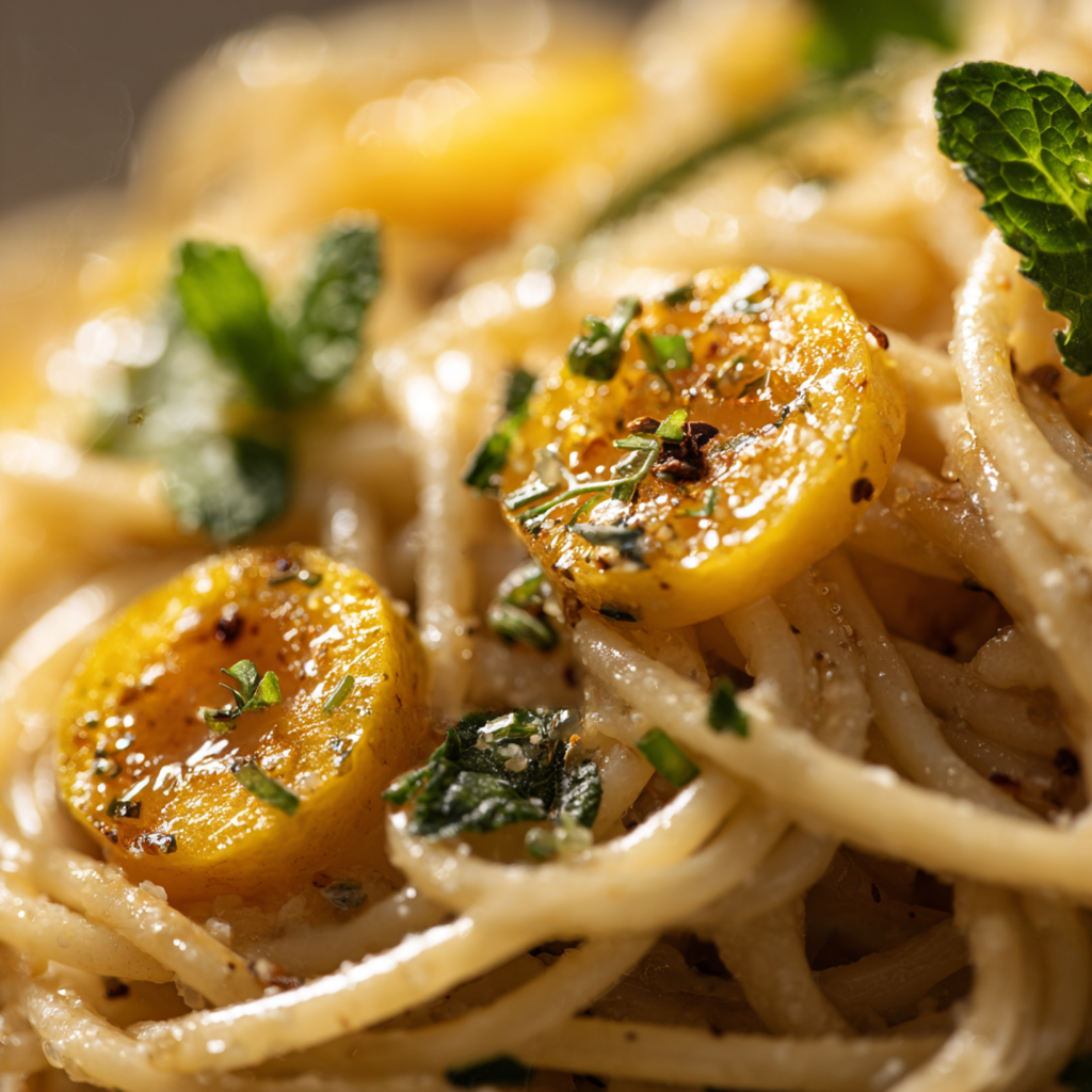 spaghetti coated in a silky lemon sauce with golden zucchini rounds, flecks of lemon zest, melting cheese, and fresh mint.