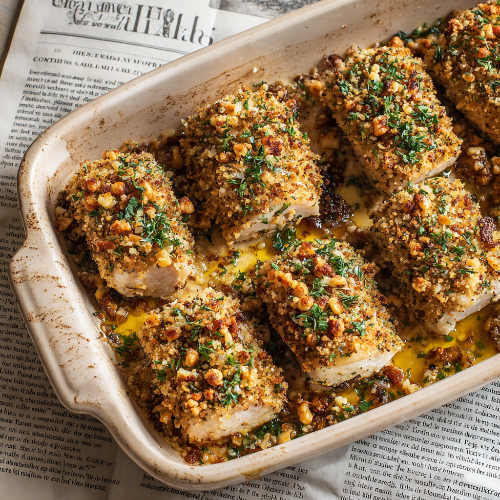 f Sicilian swordfish involtini fresh out of the oven, thin swordfish rolls stuffed with toasted breadcrumbs, garlic, parsley, raisins, and pine nuts.