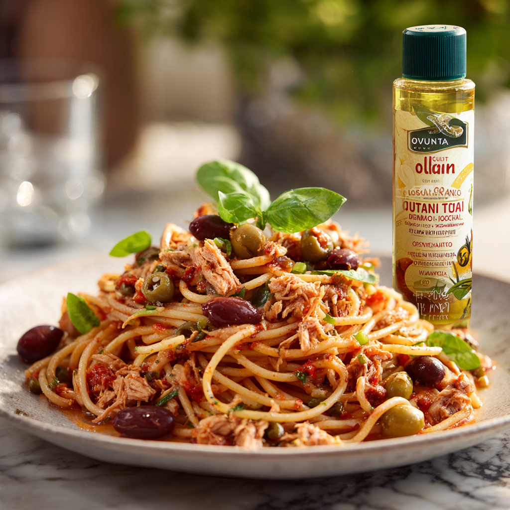 spaghetti with tuna and tomato sauce, sauce coating every strand, chunks of oil-packed tuna