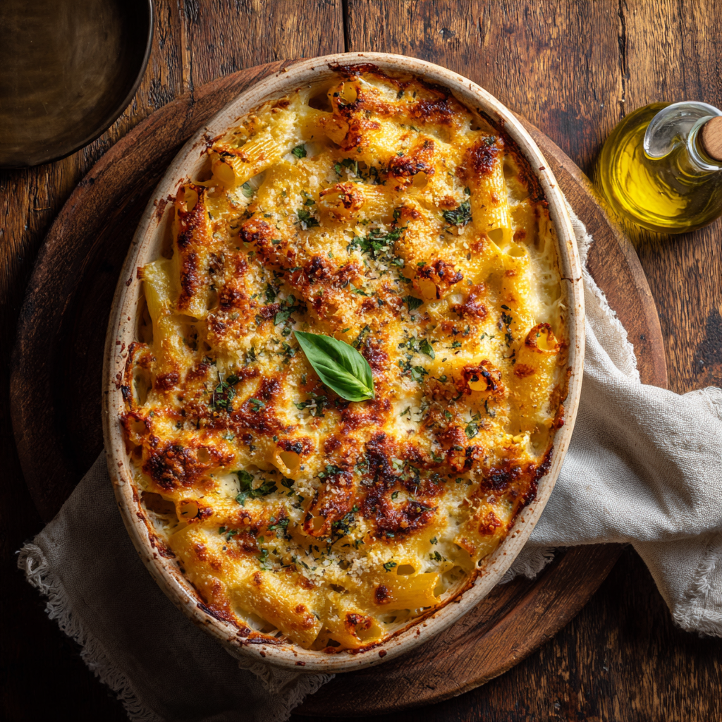 baked pasta alla sorrentina in a rustic oval ceramic baking dish, golden bubbly mozzarella top with light browning