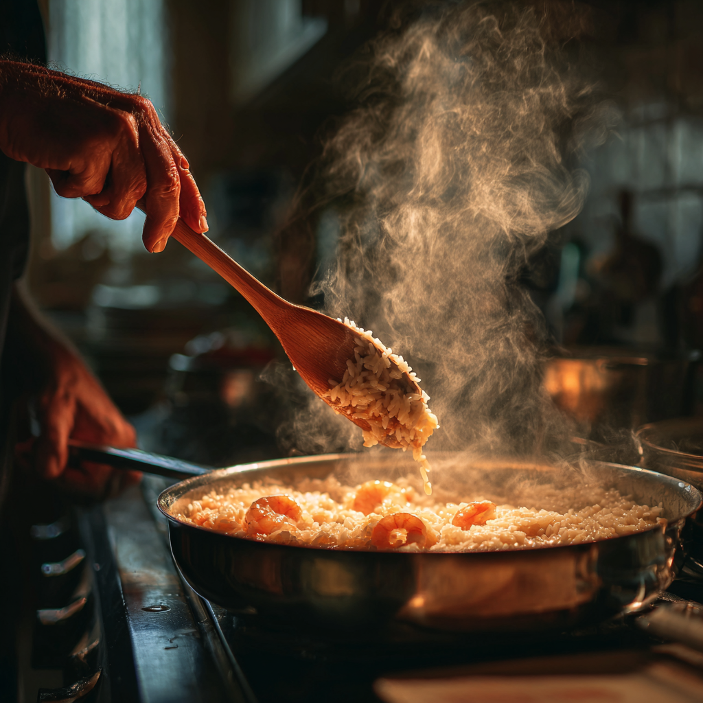 hot shrimp stock into a pan of simmering risotto. The rice looks creamy and glossy, with steam rising.