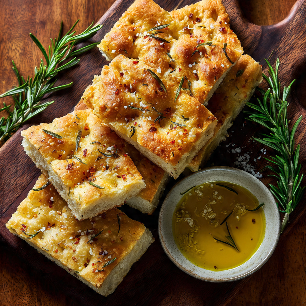 focaccia pieces served on a wooden board beside a small bowl of extra-virgin olive oil, sea-salt flakes, and a sprig of rosemary.