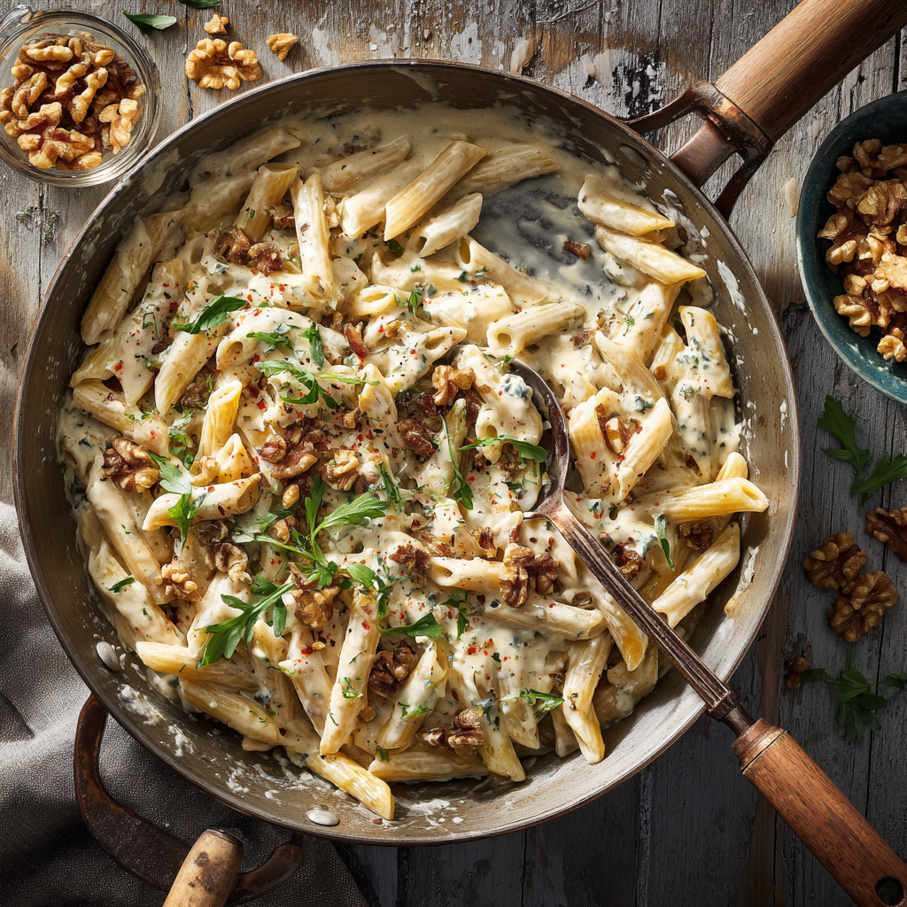 One-pot creamy gorgonzola and walnut pasta in a wide skillet, creamy sauce clinging to pasta, spoon resting in the pan, small bowl of extra walnuts beside it.