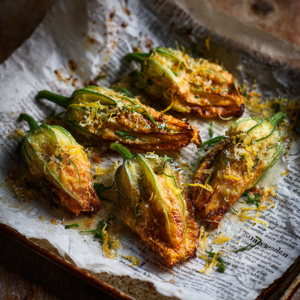 Golden-brown stuffed zucchini flowers baked in olive oil and Parmesan on a parchment-lined baking tray, slightly crisp at the edges, lemon zest sprinkled