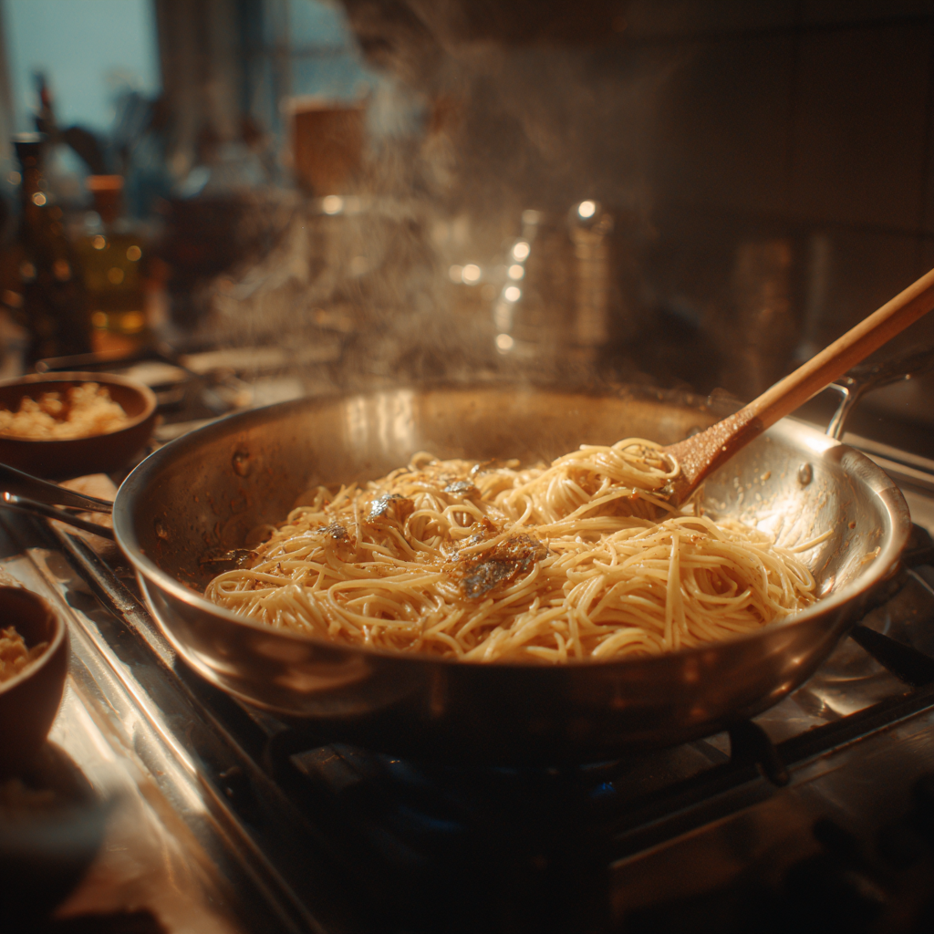 spaghetti being tossed in a wide stainless-steel pan with melted anchovies and olive oil, visible steam, wooden spoon stirring