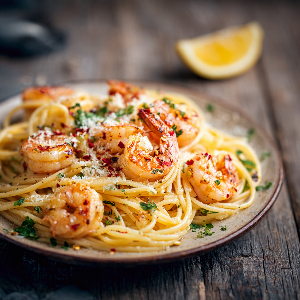 spaghetti with lemon garlic shrimp, Parmesan sprinkled lightly, red pepper flakes on top, vibrant colors. Rustic wooden tabl