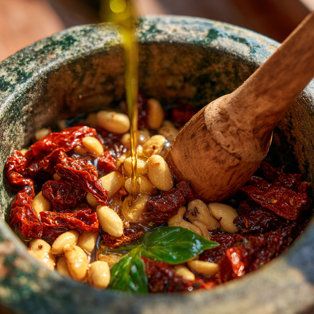 tomatoes, basil, garlic, almonds, and pine nuts inside a mortar being gently crushed.