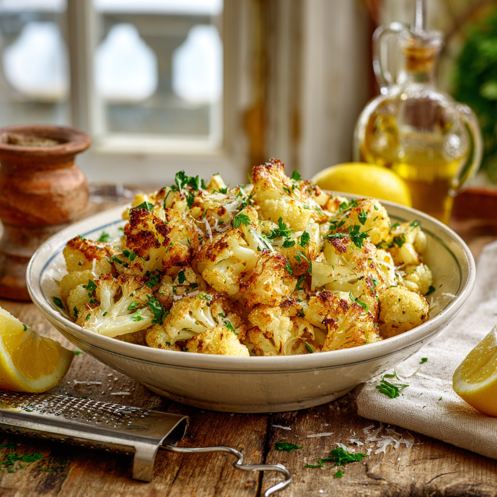 Italian roasted cauliflower garnished with chopped parsley and lemon wedges