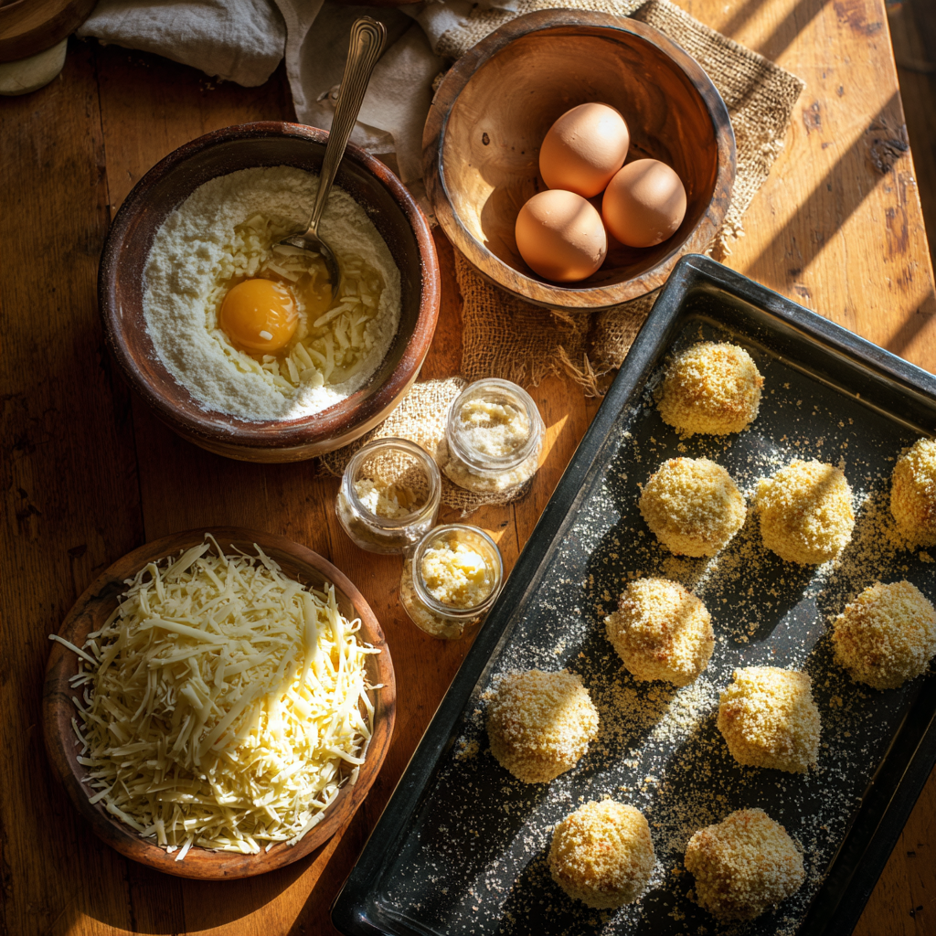 riced potatoes, grated cheese, egg bowl, breadcrumbs, and shaped uncooked croquettes ready on a baking tray