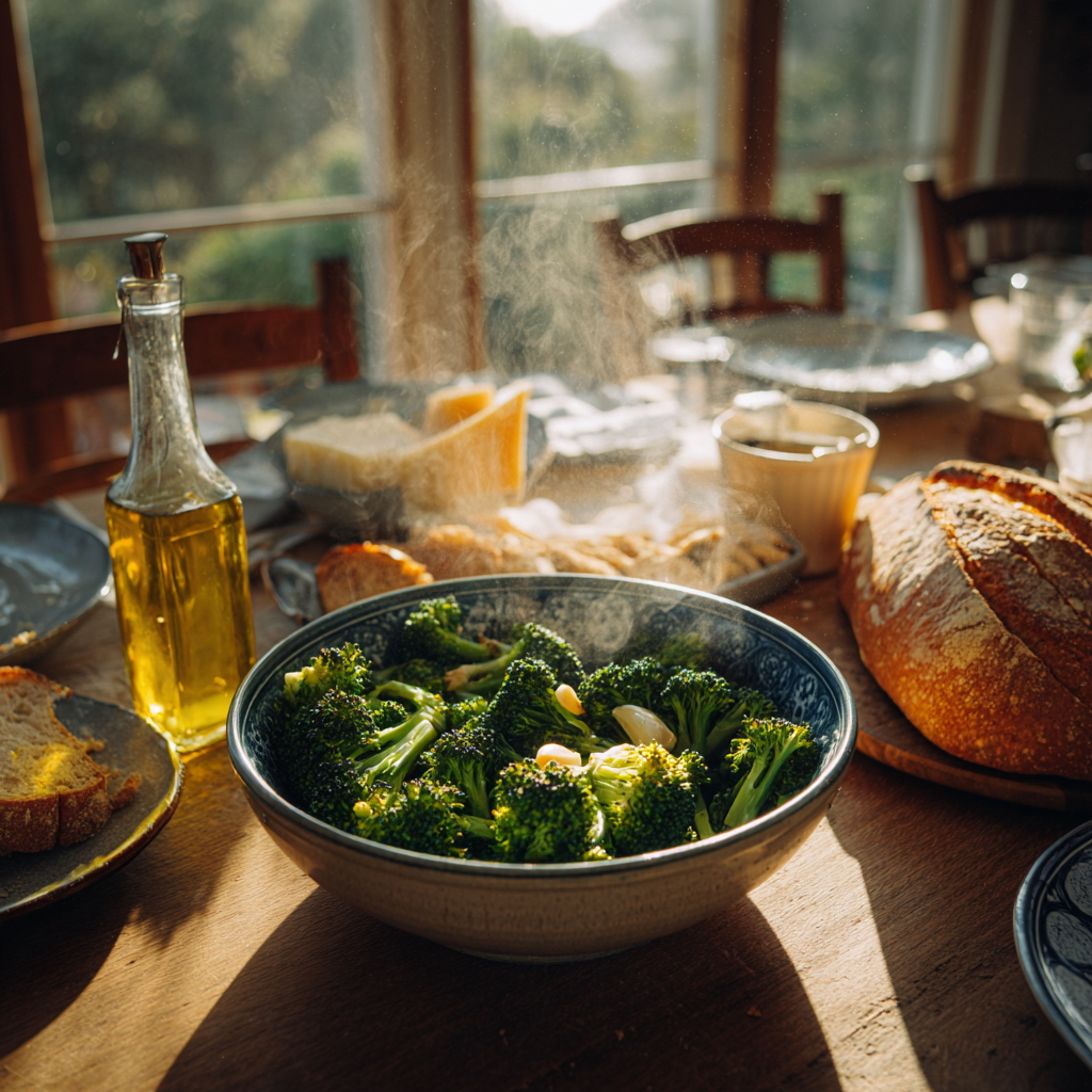 bowl of sautéed broccoli with garlic in the center, surrounded by bread, olive oil, and Parmesan cheese.