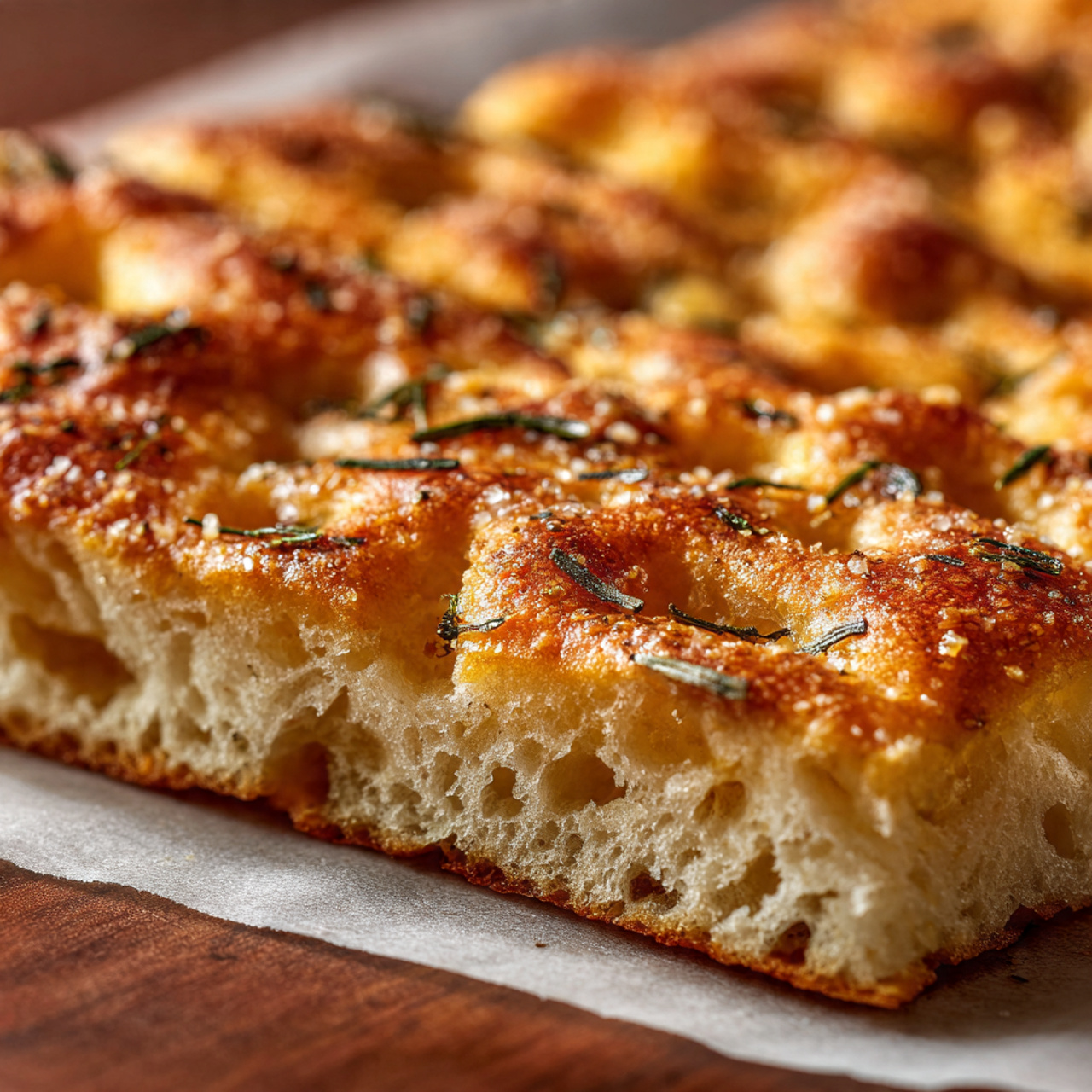 dimpled focaccia crust brushed with olive oil, with visible sea salt and herbs