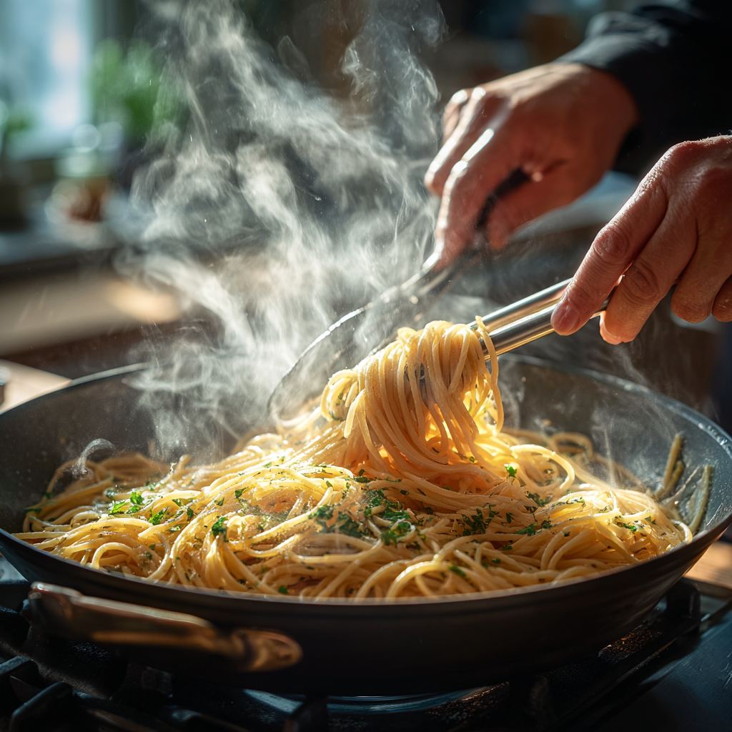 tongs to toss spaghetti in a wide skillet, steam rising, sauce visibly glossy and silky.