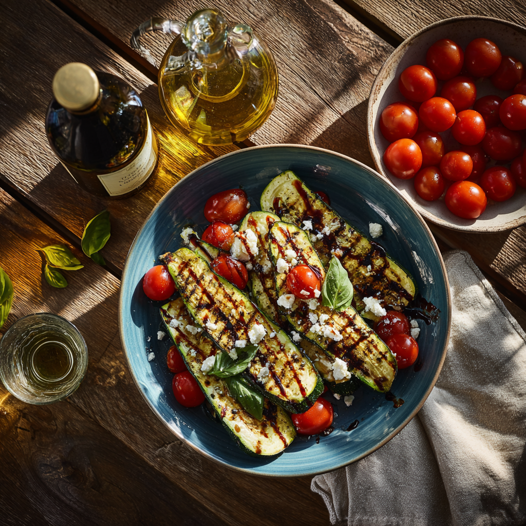 grilled zucchini drizzled with balsamic glaze, basil, and feta. Surrounded by a bowl of cherry tomatoes, olive oil bottle, and a linen napkin.