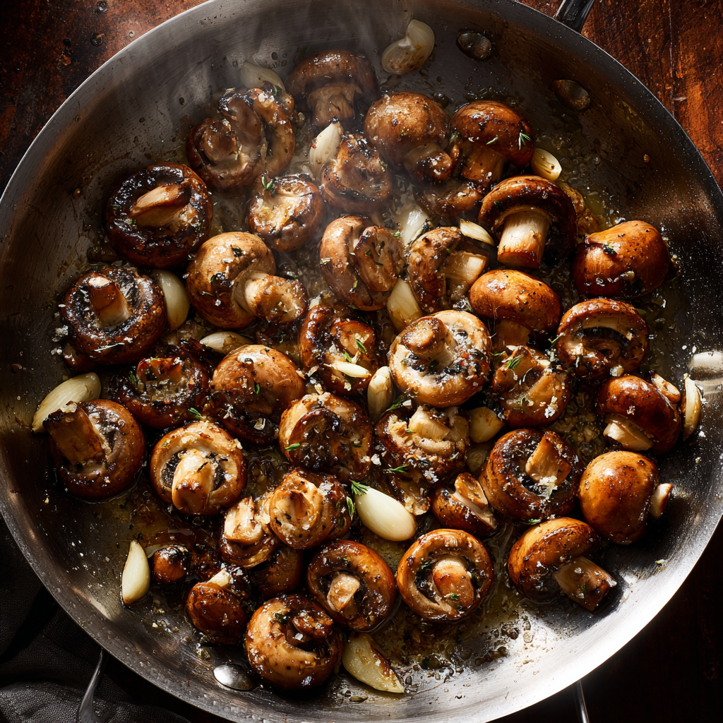 mushrooms sizzling in olive oil with garlic slices in a stainless-steel