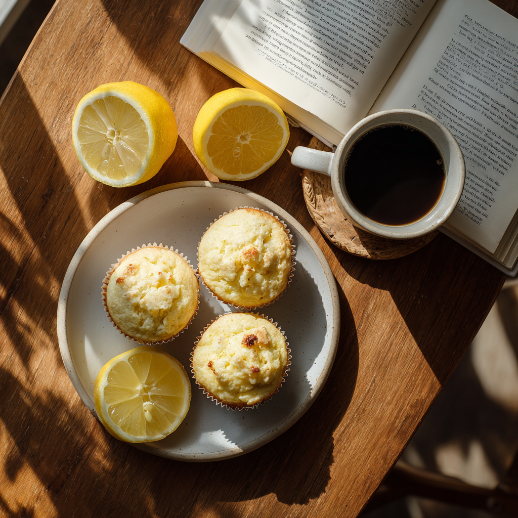 lemon ricotta muffins served with coffee and sliced lemons on a wooden breakfast table