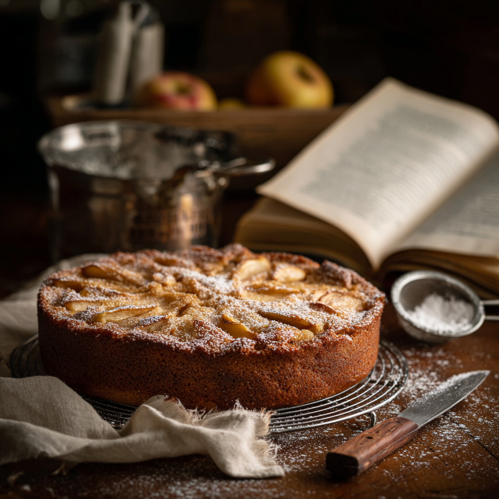Italian apple cake resting on a wire rack just after baking, golden crust