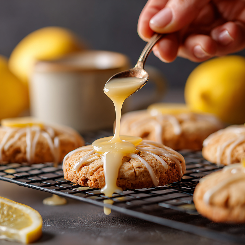 hand spooning lemon glaze over cooled cookies on a rack. The glaze appears glossy and slightly dripping.