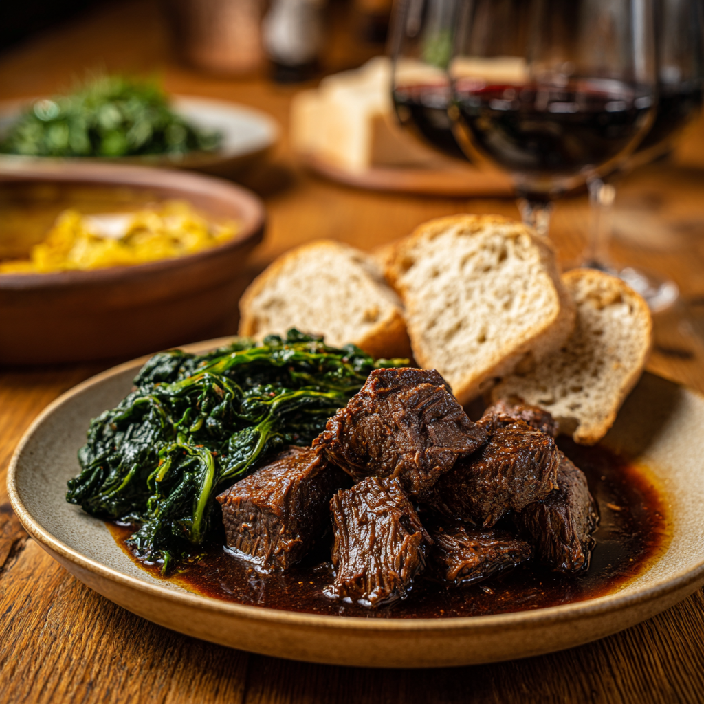 A plate of Peposo beef set beside thick slices of rustic Tuscan bread, sautéed cavolo nero greens, and a spoonful of glossy red wine sauce.